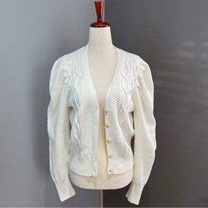 Calligraphie Cable Knit Cardigan Sweater Size L Cream Puff Sleeves Quiet Luxury